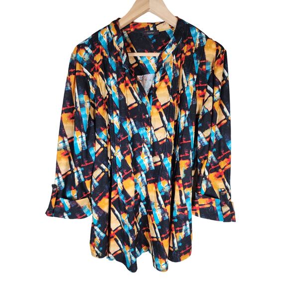COCOMO Blue Black Gold Geometric Design Long Sleeve Button Down Top SZ 1X-2X - Picture 1 of 6